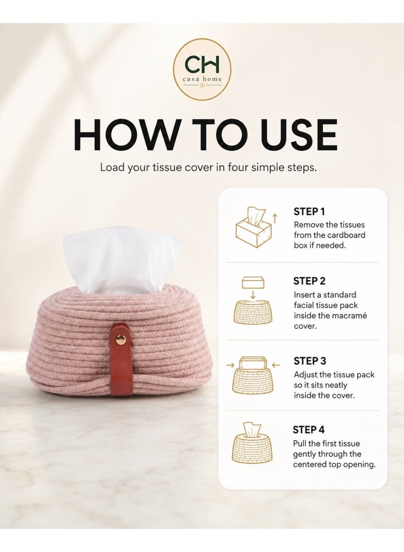 Casa Home Handmade Cotton Macrame Tissue Box Cover, 1 Piece, Pink Woven Tissue Holder with Leather Strap for Living Room, Bedroom, Bathroom, Office & Home Décor - Image 3