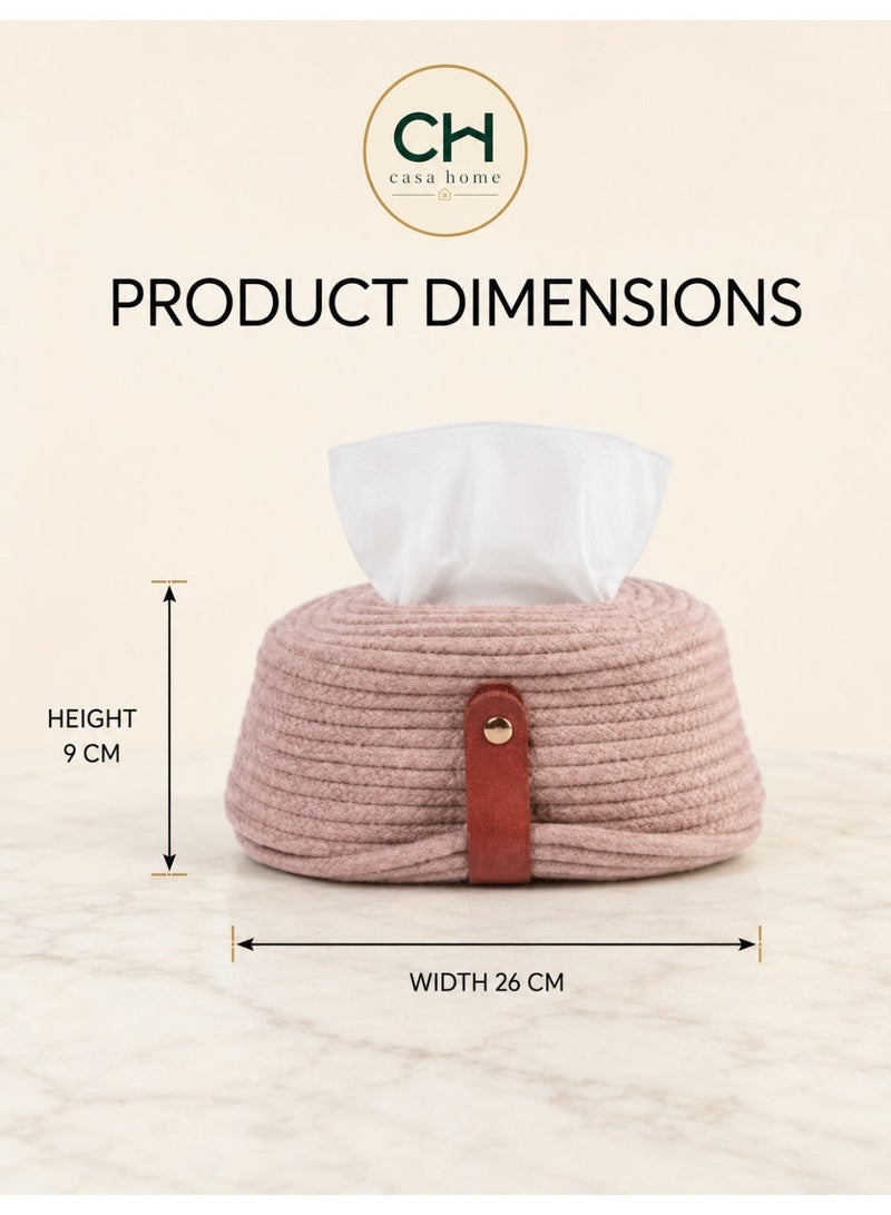 Casa Home Handmade Cotton Macrame Tissue Box Cover, 1 Piece, Pink Woven Tissue Holder with Leather Strap for Living Room, Bedroom, Bathroom, Office & Home Décor - Image 4