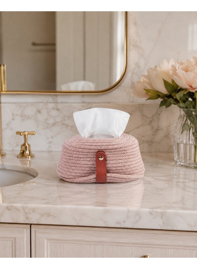Casa Home Handmade Cotton Macrame Tissue Box Cover, 1 Piece, Pink Woven Tissue Holder with Leather Strap for Living Room, Bedroom, Bathroom, Office & Home Décor - Image 5