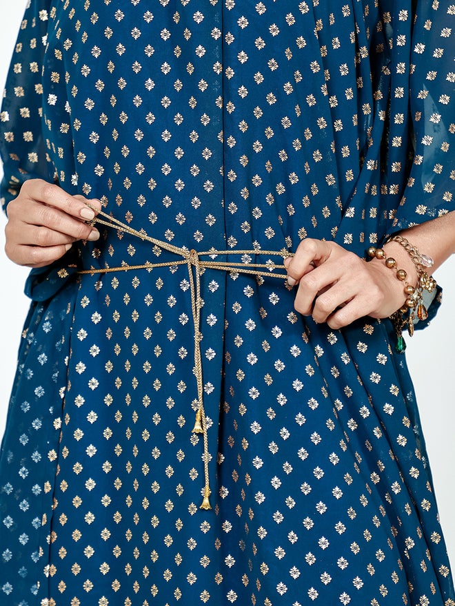 The Kaftan Company Blue Georgette Buta Printed A-Line Kaftan Dress - Image 4