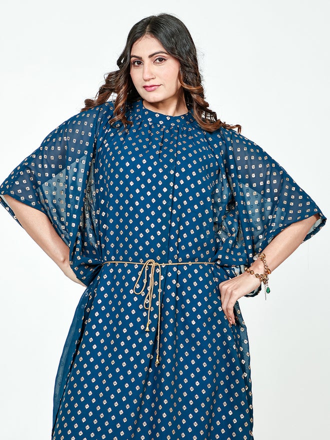 The Kaftan Company Blue Georgette Buta Printed A-Line Kaftan Dress - Image 3
