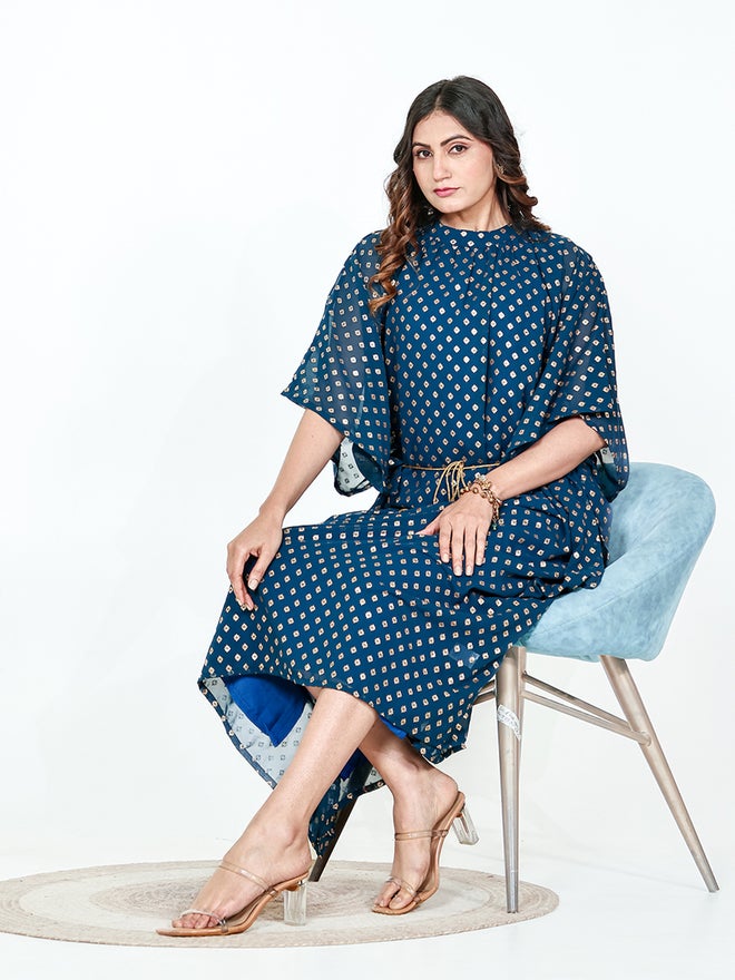 The Kaftan Company Blue Georgette Buta Printed A-Line Kaftan Dress - Image 1