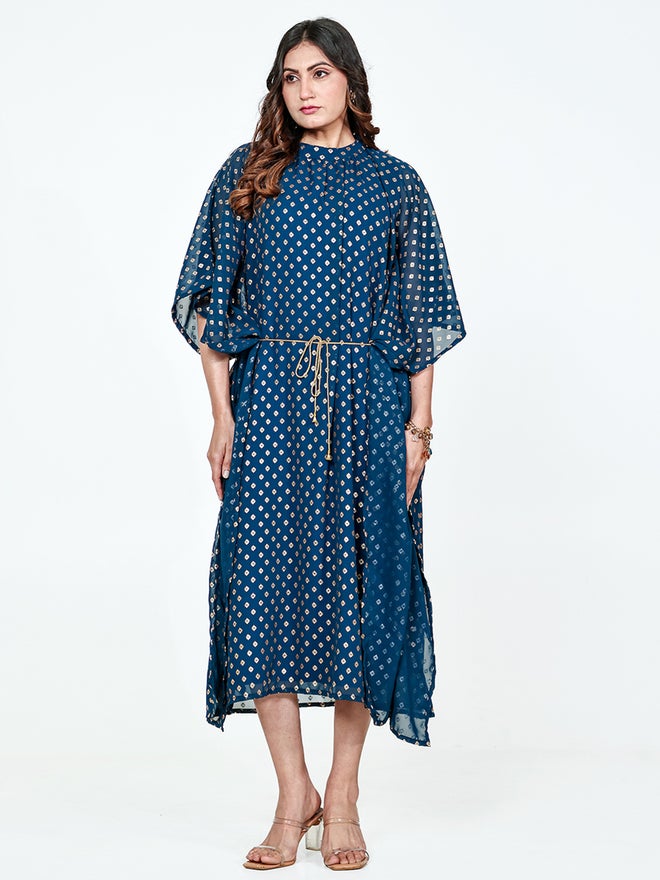 The Kaftan Company Blue Georgette Buta Printed A-Line Kaftan Dress - Image 2