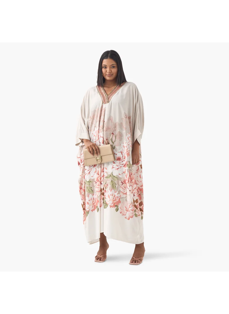 Ulla Popken Plus Size Ulla Popken Embellished Kaftan Dress wih V-neck