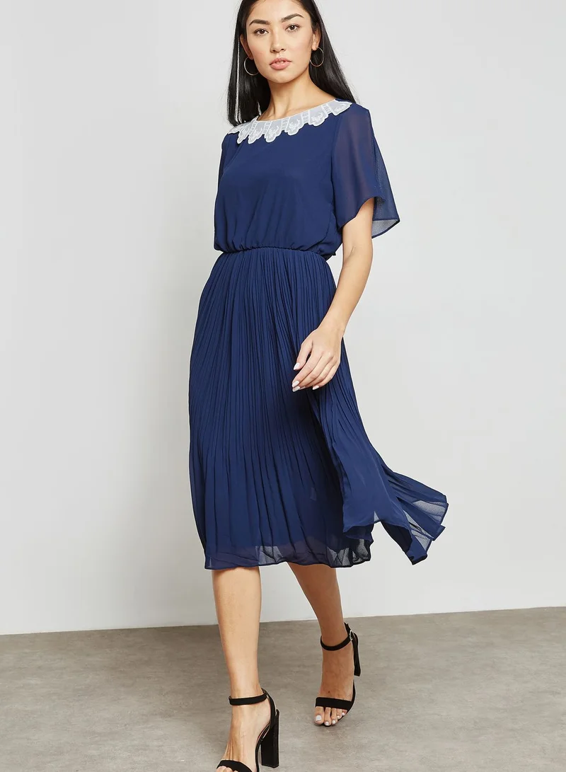 ELLA Lace Yoke Tie Back Pleat Dress