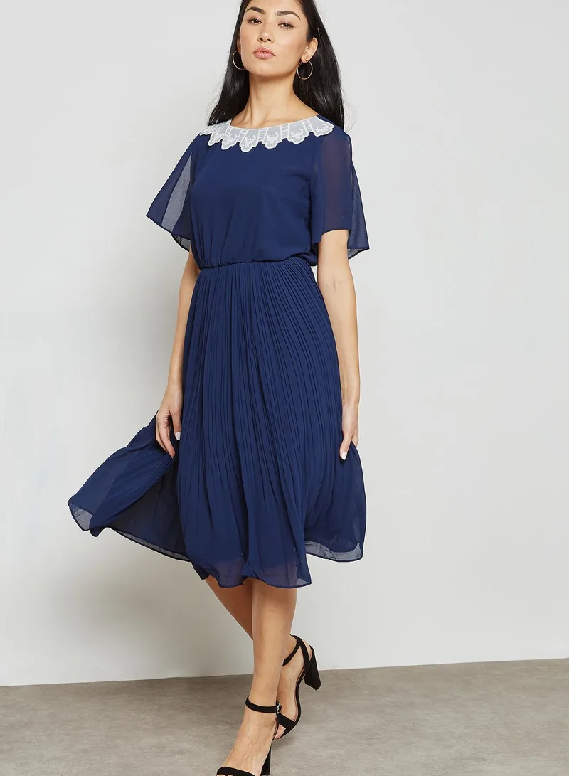 ELLA Lace Yoke Tie Back Pleat Dress