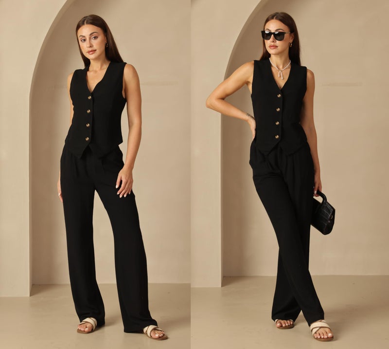 heipeiwa Women's 2 Piece Outfits Linen Vest Waistcoat Dressy Casual Sets Wide Leg Pants Suits Black - Image 3