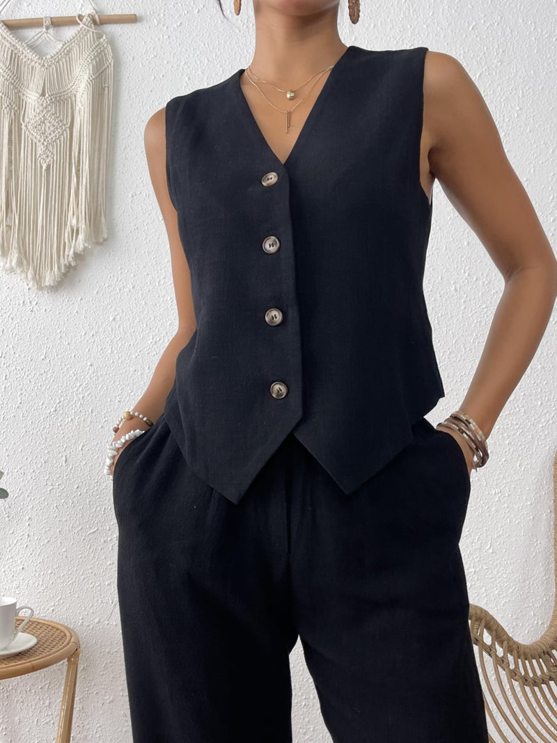heipeiwa Women's 2 Piece Outfits Linen Vest Waistcoat Dressy Casual Sets Wide Leg Pants Suits Black - Image 2