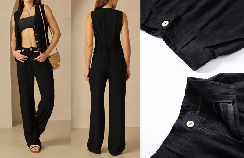 heipeiwa Women's 2 Piece Outfits Linen Vest Waistcoat Dressy Casual Sets Wide Leg Pants Suits Black - Image 5