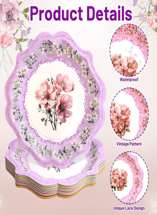 ceiba tree Floral Paper Plates 24Pack Vintage Tea Party Disposable Dessert Plates 9inch Spring Tableware for Birthday Party Baby Shower Bridal Shower Supplies - Image 3