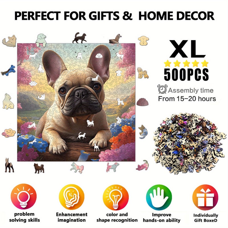 500pcs French Bulldog Flower Wooden Puzzle Unique Shaped Brain Teaser Family Game Night Home Decor - Image 3