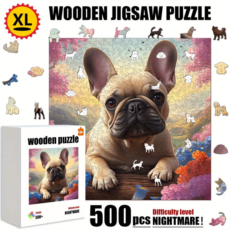 500pcs French Bulldog Flower Wooden Puzzle Unique Shaped Brain Teaser Family Game Night Home Decor - Image 1