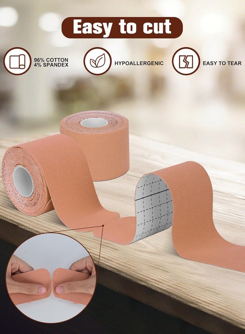 2 لفة شريط الحركة مقطوع مسبقًا، 5 سم × 5 م شريط رياضي لاصق للكاحل والرقبة والركبة والكتف والتعافي والدعم (لون البشرة) - Image 2
