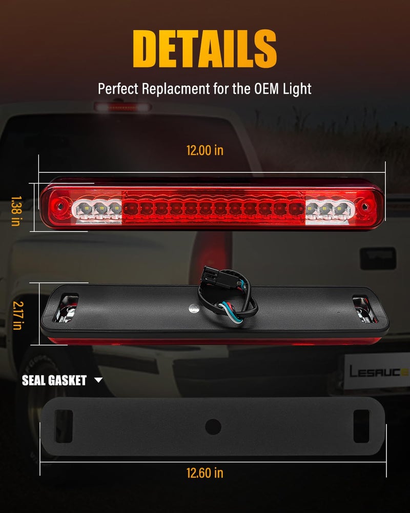 LESAUCE 2025 Upgraded 3rd Third Brake Light for 1988-1998 Chevy C1500/K1500/Silverado, High Mount Stop Light for GMC C1500/K1500, LED Cargo Light with Seal Gasket, Red/White Smoked Housing - Image 5