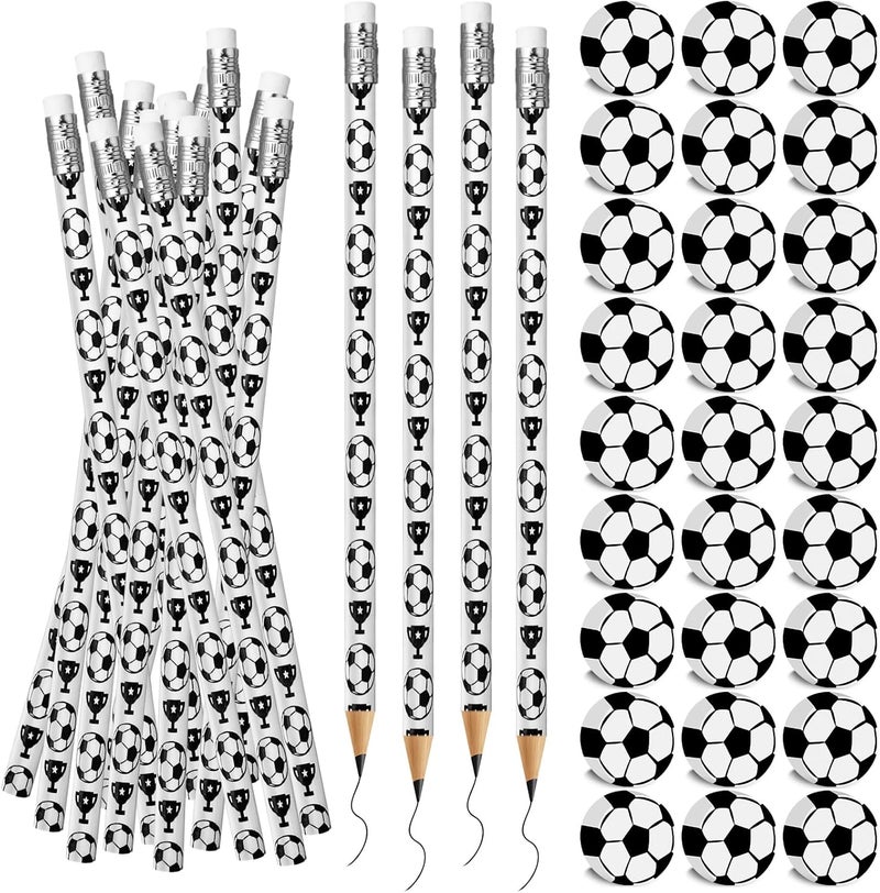 AMOR 60Pcs Soccer Pencils Soccer Erasers For Kids Wooden Pencils For Soccer Themed Birthday Party Favors Students Stationery Party Reward School Office Supplies (Soccer) - Image 1