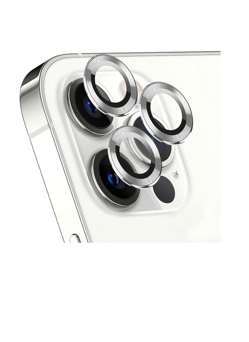Camera lens protector for iPhone 15 Pro Max and iPhone 15, made of tempered glass with an individual metal ring, anti-scratch and strong adhesion, transparent HD, suitable for cases, silver
