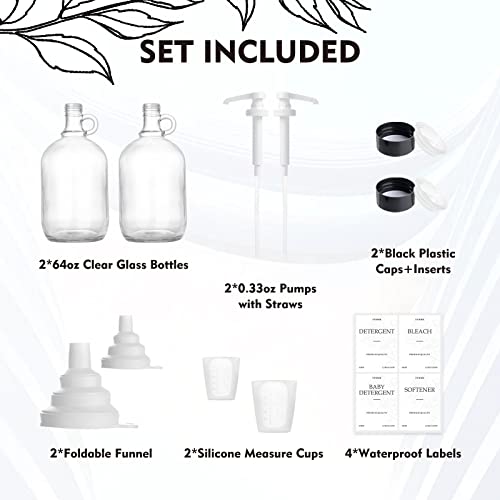 TTDMK 2 Pcs Glass Laundry Detergent Dispenser, Half Gallon Liquid Laundry Soap Dispenser for Laundry Room (64 oz. Each), Laundry Detergent Bottles with Pump Dispenser -Includes Labels, Funnel, Measuring Cup - Image 2