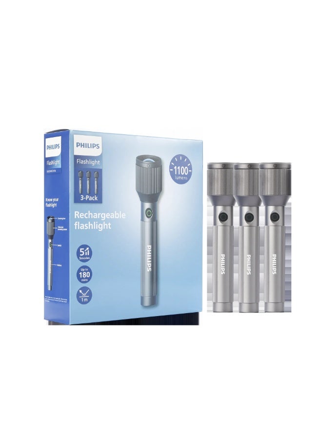 Philips 24W Rechargeable LED Torch Light (3 Pack) | 1100 Lumens Brightness | 950M Beam Range | Zoomable Focus | 3000mAh Battery | 5 Lighting Modes (High, Low, Dimming, Strobe, SOS) | Stepless Dimming | Water & Drop Resistant Alloy Body | Portable Flashlight for Home, Camping & Emergency Use grey - Image 1