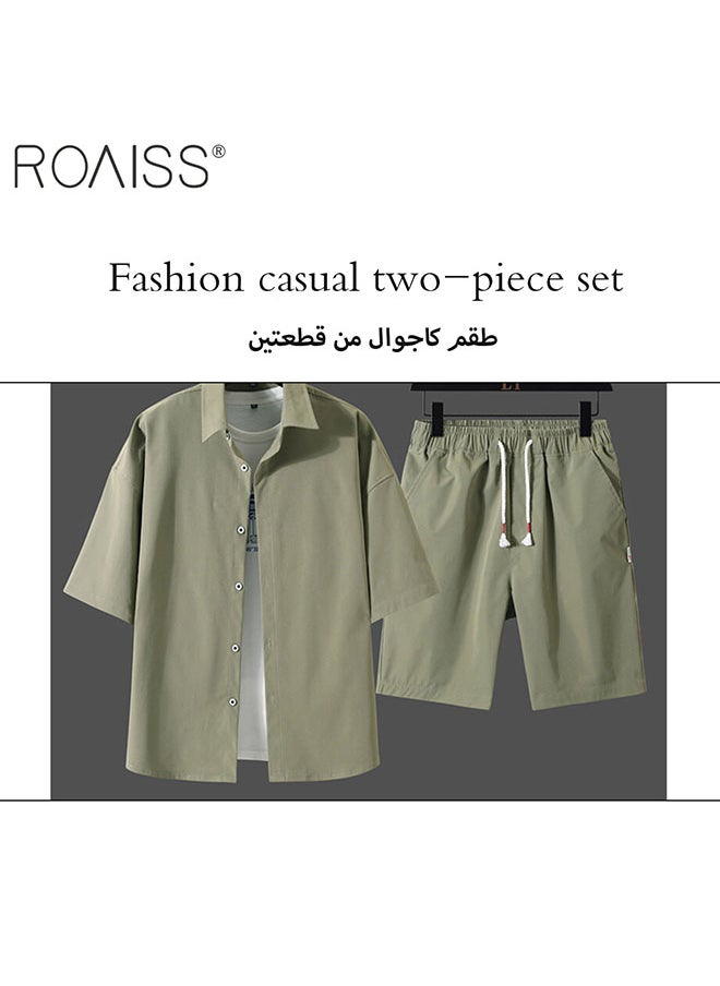 roaiss 2-Piece Men'S Shirt Set Casual Loose Fitting Short Sleeved Shirt Top Wide-Leg Shorts With Elasticated Drawstring Waist  - Image 3