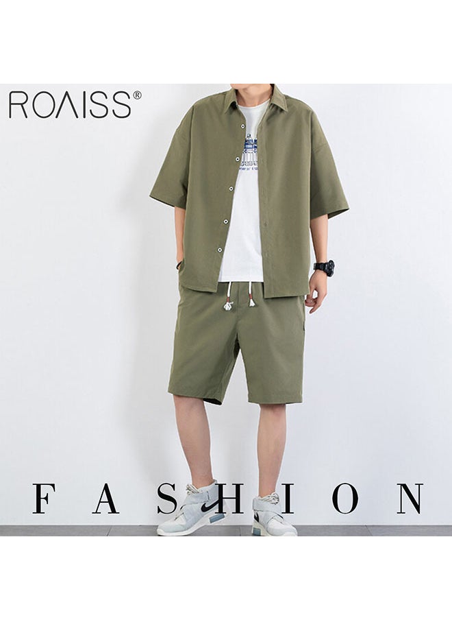 roaiss 2-Piece Men'S Shirt Set Casual Loose Fitting Short Sleeved Shirt Top Wide-Leg Shorts With Elasticated Drawstring Waist  - Image 2