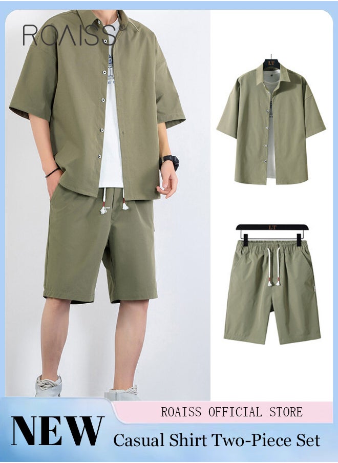 roaiss 2-Piece Men'S Shirt Set Casual Loose Fitting Short Sleeved Shirt Top Wide-Leg Shorts With Elasticated Drawstring Waist  - Image 1