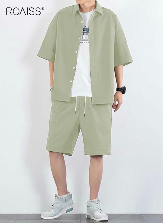 roaiss 2-Piece Men'S Shirt Set Casual Loose Fitting Short Sleeved Shirt Top Wide-Leg Shorts With Elasticated Drawstring Waist - Image 2