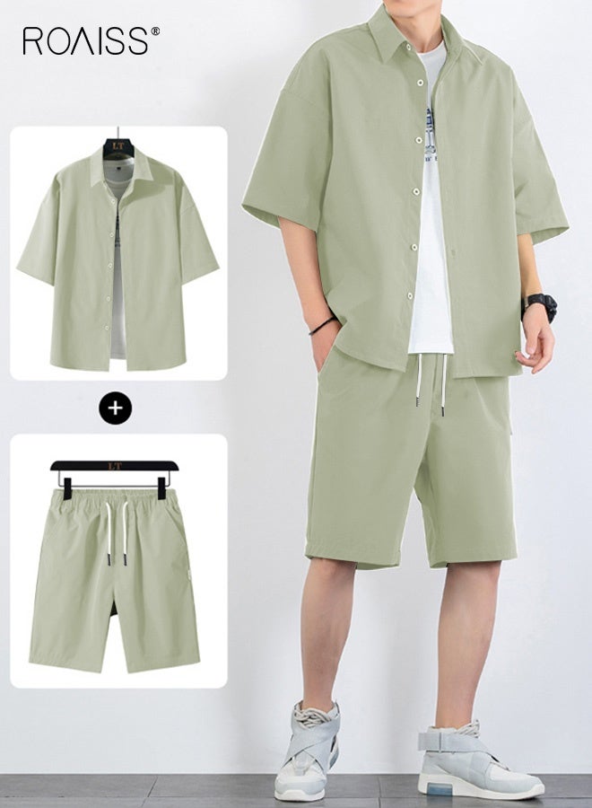 roaiss 2-Piece Men'S Shirt Set Casual Loose Fitting Short Sleeved Shirt Top Wide-Leg Shorts With Elasticated Drawstring Waist - Image 1