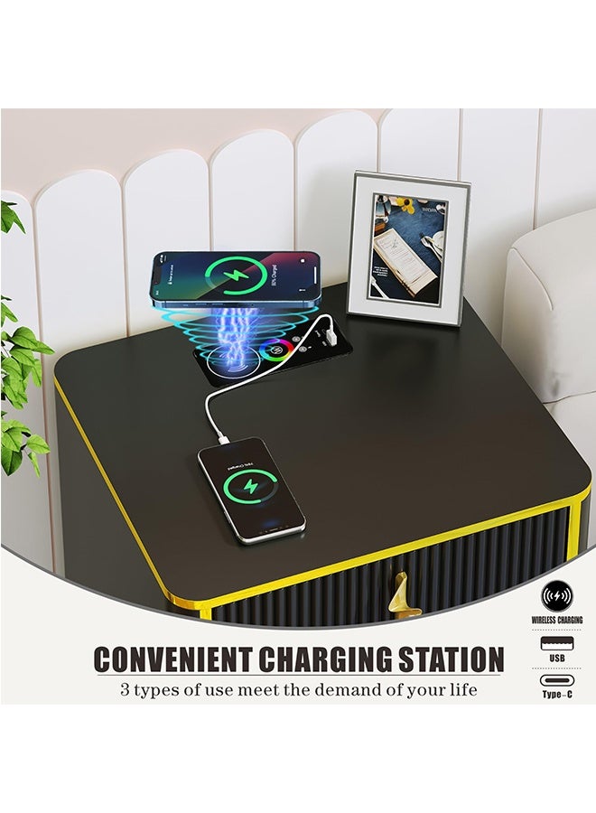 JCB CHIC طاولة سرير ذكية بجانب السرير، طاولة جانبية منضدة جانبية من موردن، طاولة جانبية للأريكة، مع منفذ USB للشحن اللاسلكي ومصابيح LED قابلة للتعديل (9190-أسود)  - Image 3