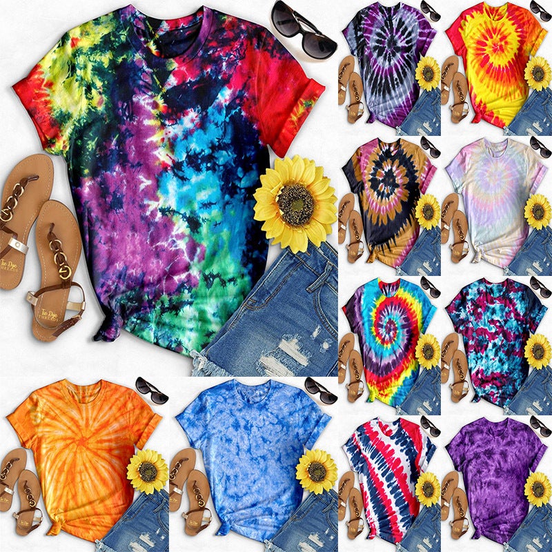 Cross-border 2022 summer Europe and America tie-dye printing short-sleeved casual loose T-shirt women Picture7 L - Image 2