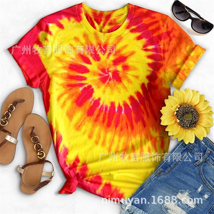 Cross-border 2022 summer Europe and America tie-dye printing short-sleeved casual loose T-shirt women Picture7 L - Image 1