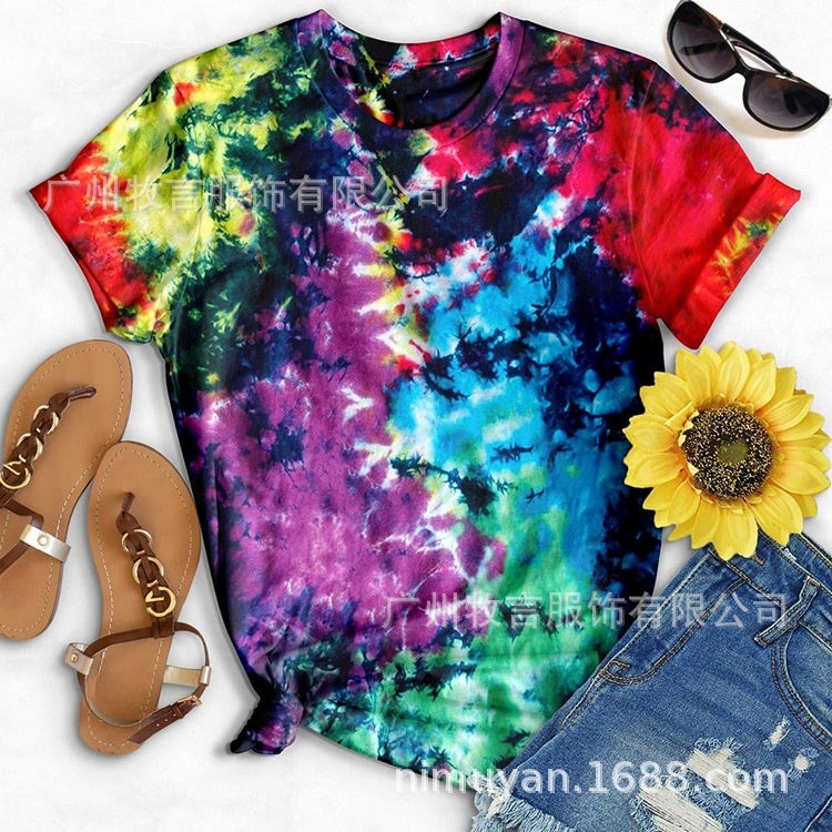 Cross-border 2022 summer Europe and America tie-dye printing short-sleeved casual loose T-shirt women Picture7 L - Image 3