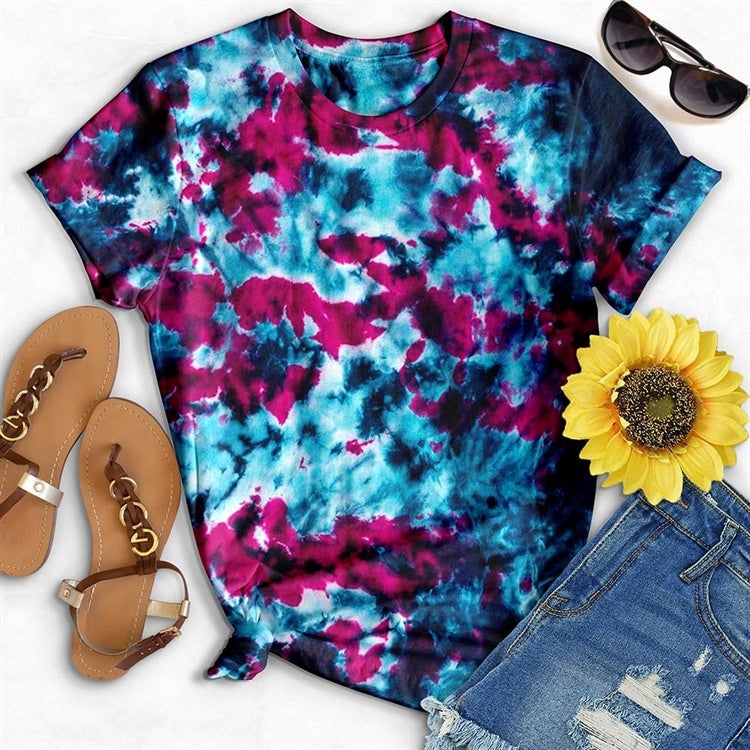 Cross-border 2022 summer Europe and America tie-dye printing short-sleeved casual loose T-shirt women Picture7 L - Image 4
