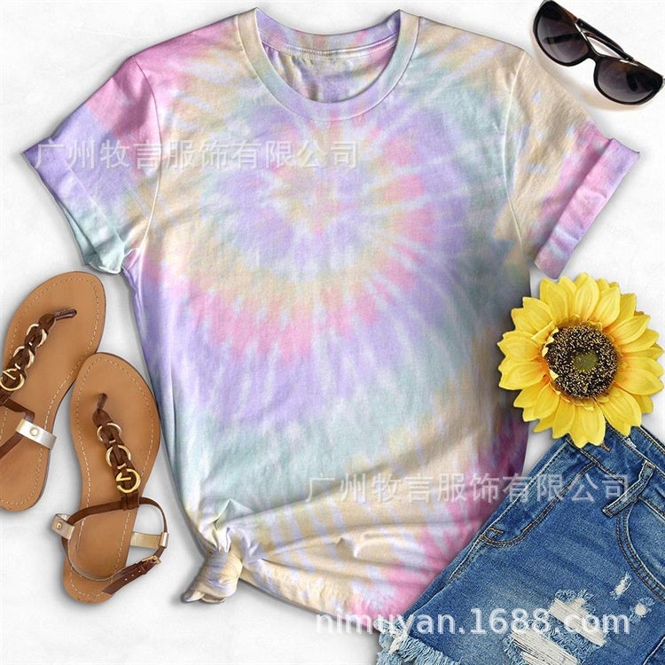 Cross-border 2022 summer Europe and America tie-dye printing short-sleeved casual loose T-shirt women Picture7 L - Image 5