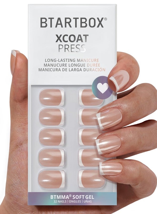 BTArtbox Press On Nails Short - Lamp-Curable Chrome French Tip Square Press On Nails with Glue for Women, Semi-Transparent Soft Gel Glue On Nails in 16 Sizes - 32 Stick On Nails Kit, Evening Attire - Image 1