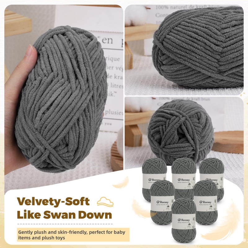 Reessy Bulky Chenille Yarn for Crocheting â€“ 6 Pack of 50g/1.76oz Skeins, Pure Polyester, CYC #5 Bulky Weight â€“ Ultra Soft Chenille Yarn Pack for Crafting Plush Toys, Blankets, Scarves(Charcoal Gray) - Image 2