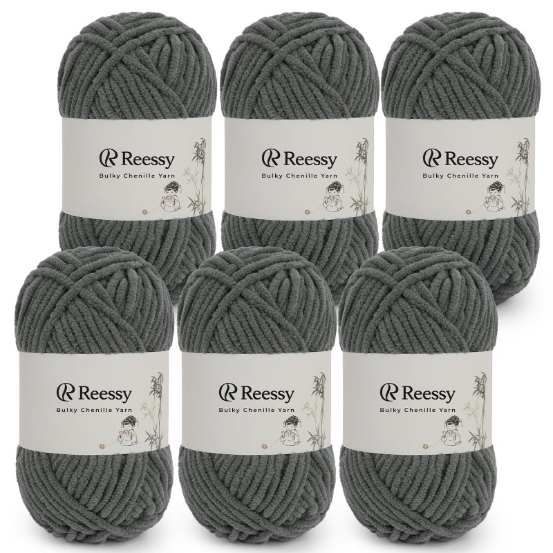 Reessy Bulky Chenille Yarn for Crocheting â€“ 6 Pack of 50g/1.76oz Skeins, Pure Polyester, CYC #5 Bulky Weight â€“ Ultra Soft Chenille Yarn Pack for Crafting Plush Toys, Blankets, Scarves(Charcoal Gray) - Image 1