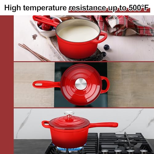 Leonyo Enameled Cast Iron Sauce Pan with Lid, Leonyo 2 Quart Saucepan with Lid, Enamel Cast Iron Dutch Oven Kitchen Cookware for All Cooktops Making Pasta Sauce, Milk, Oatmeal - Up to 500°F & 6.7Lbs, Red - Image 4