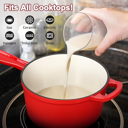 Leonyo Enameled Cast Iron Sauce Pan with Lid, Leonyo 2 Quart Saucepan with Lid, Enamel Cast Iron Dutch Oven Kitchen Cookware for All Cooktops Making Pasta Sauce, Milk, Oatmeal - Up to 500°F & 6.7Lbs, Red - Image 5