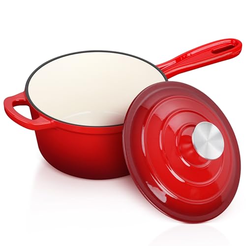 Leonyo Enameled Cast Iron Sauce Pan with Lid, Leonyo 2 Quart Saucepan with Lid, Enamel Cast Iron Dutch Oven Kitchen Cookware for All Cooktops Making Pasta Sauce, Milk, Oatmeal - Up to 500°F & 6.7Lbs, Red - Image 1