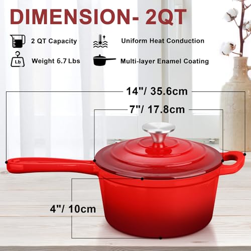 Leonyo Enameled Cast Iron Sauce Pan with Lid, Leonyo 2 Quart Saucepan with Lid, Enamel Cast Iron Dutch Oven Kitchen Cookware for All Cooktops Making Pasta Sauce, Milk, Oatmeal - Up to 500°F & 6.7Lbs, Red - Image 2
