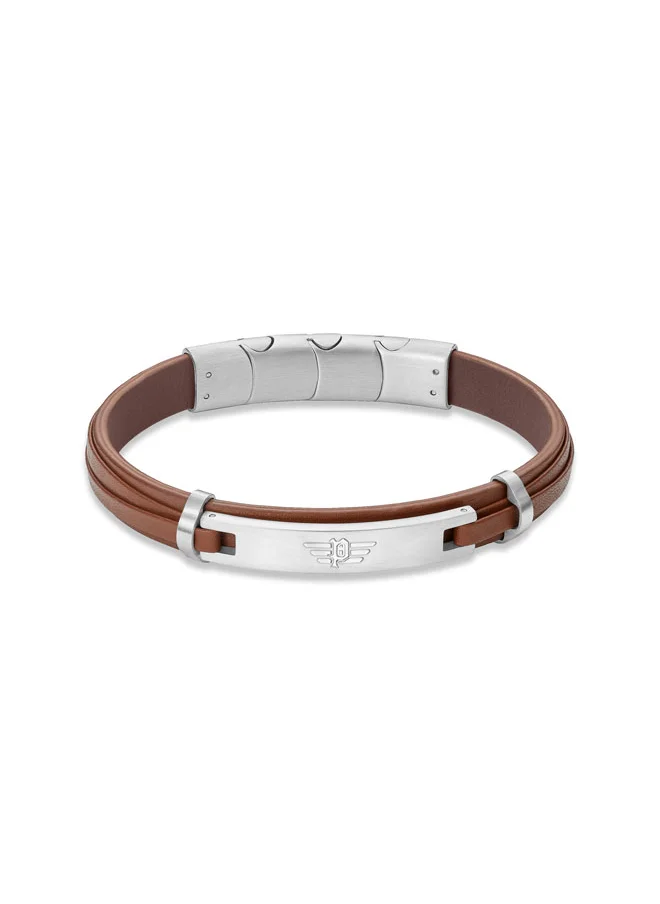 بوليس POLICE Looper Bracelet - Dual Layer Brown Leather with Iconic Logo Plaque & Stainless Steel Clip Closure - Men's Fearless Urban  Style