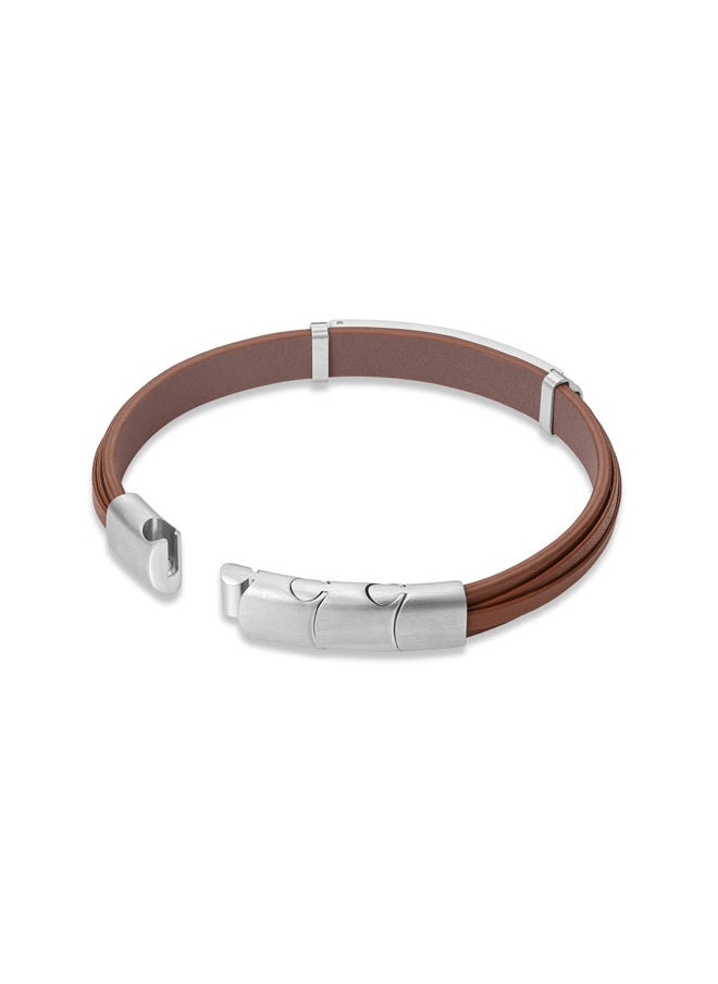 بوليس POLICE Looper Bracelet - Dual Layer Brown Leather with Iconic Logo Plaque & Stainless Steel Clip Closure - Men's Fearless Urban  Style  - Image 3