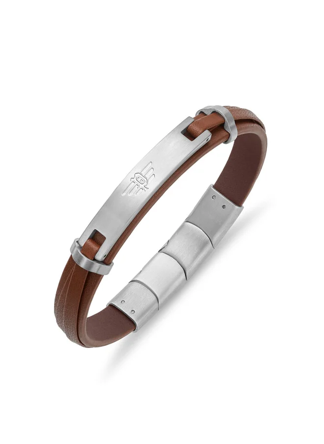 بوليس POLICE Looper Bracelet - Dual Layer Brown Leather with Iconic Logo Plaque & Stainless Steel Clip Closure - Men's Fearless Urban  Style
