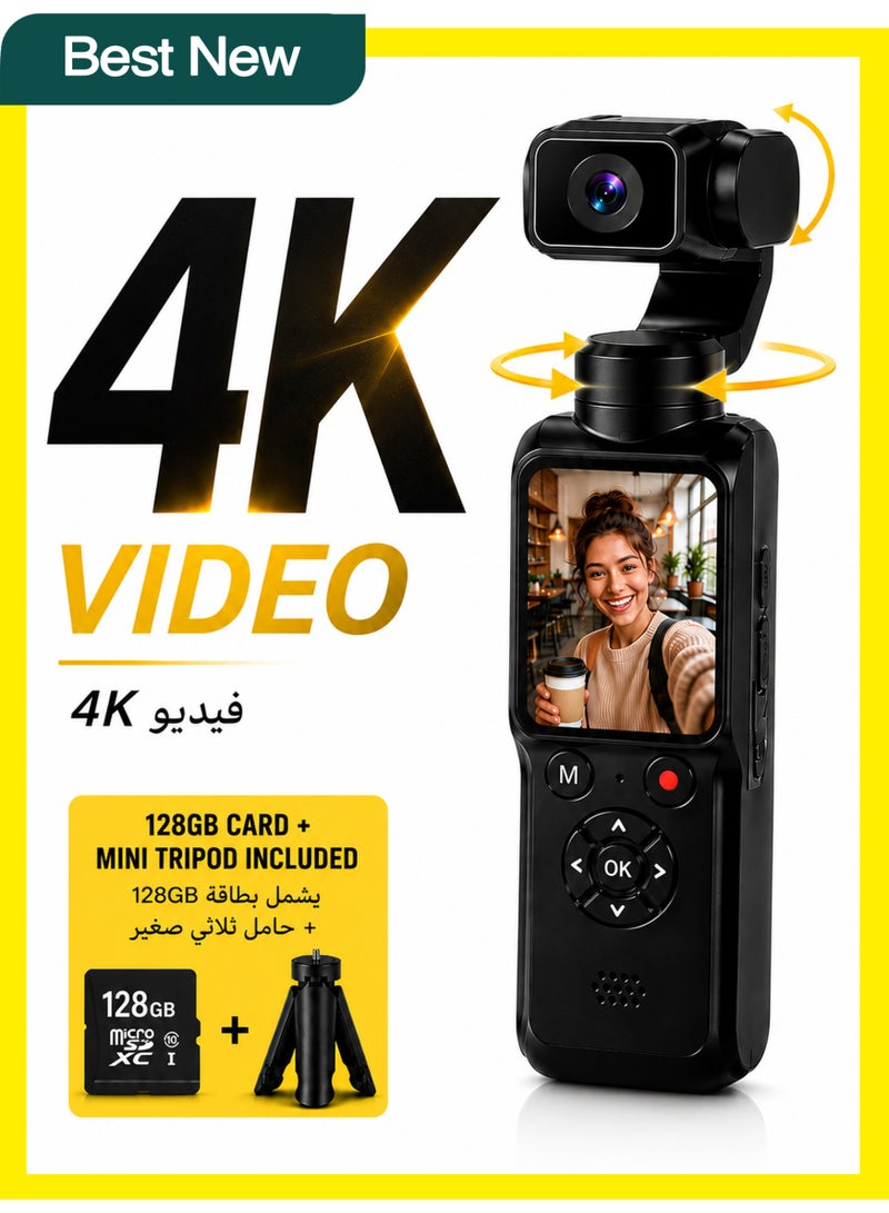 1 طابق سرداب كاميرا فلوق جيب بدقة 4K مع تثبيت جيمبال، تتبع الوجه بزاوية 330°، نقل عبر WiFi، تركيز تلقائي AF، تشمل بطاقة 128GB وحامل ثلاثي صغير - Image 1