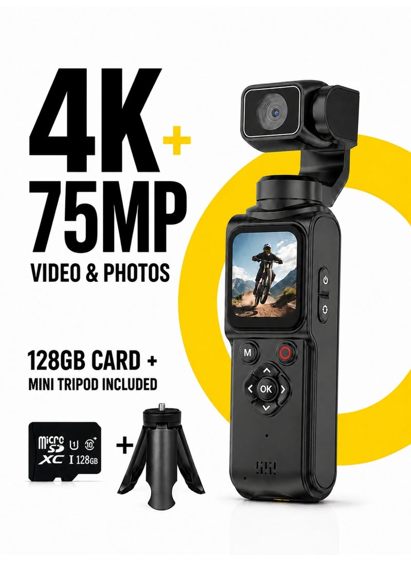 1 طابق سرداب كاميرا فلوج جيبية بدقة 75 ميجابكسل و4K، مزودة بمستشعر Sony CMOS، وتثبيت بالجيمبال، وتتبع للوجه بزاوية 330°، وWiFi، وبطاقة ذاكرة 128GB، وحامل ثلاثي صغير - Image 1