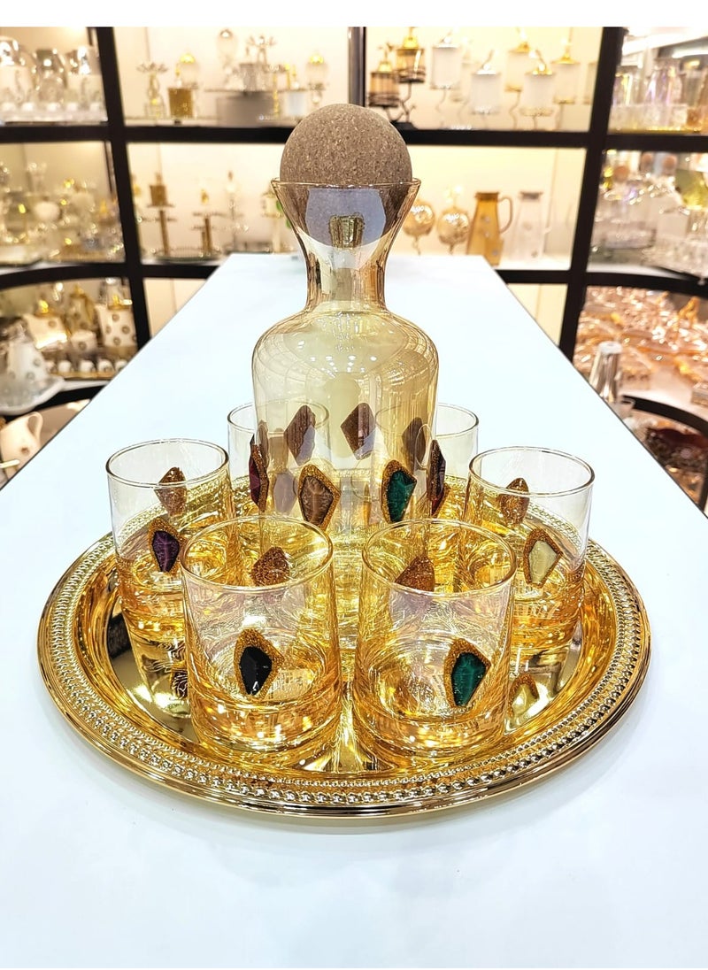 Damanhoor - Elegant Glass Decanter Set With Cork Stopper Includes Six Matching Glasses Perfect For Serving Beverages In Style Handmade By Damanhoor - Image 1