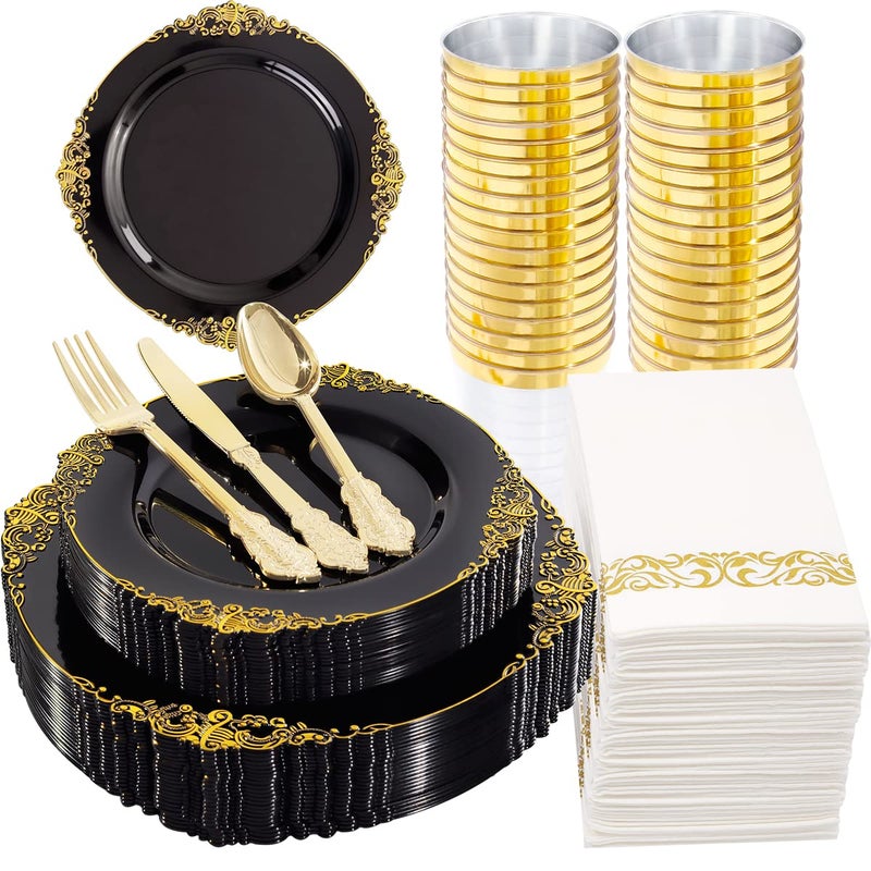 Hioasis 175pcs Black and Gold Plastic Plates  Black Gold Disposable Plates Include 25 1025 Dinner Plates25 75 Dessert Plates25 Knives25 Forks25 Spoons25 Napkins for Wedding  Fathers Day