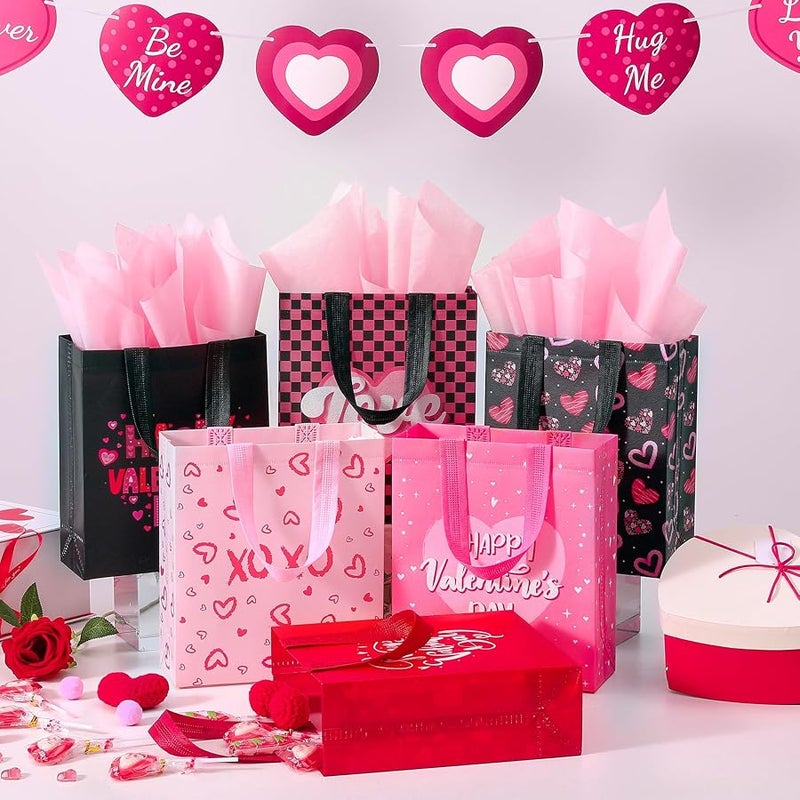 STYPOP 12 Pcs Valentine Gift Bags with Tissue Paper,Reusable Valentine Bags for Classroom,Small Valentines Day Gift Bags with Handles for Gift Giving Novelty Gift Exchange Gift Wrapping Valentines Party - Image 5