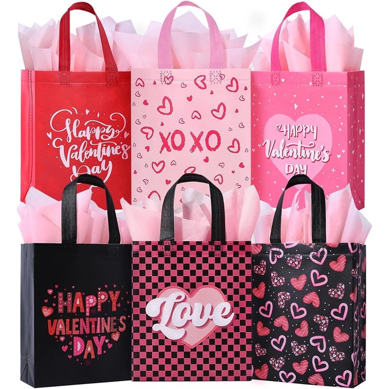 STYPOP 12 Pcs Valentine Gift Bags with Tissue Paper,Reusable Valentine Bags for Classroom,Small Valentines Day Gift Bags with Handles for Gift Giving Novelty Gift Exchange Gift Wrapping Valentines Party - Image 1