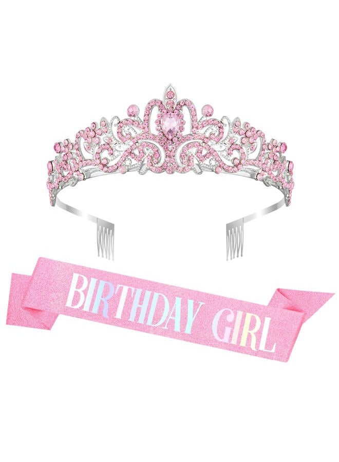 Coopyin Pink Birthday Sash and Crown Accessories for Women - Image 1